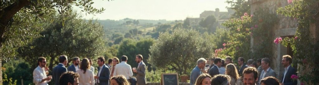 Persones en un esdeveniment corporatiu al pati d'una masia